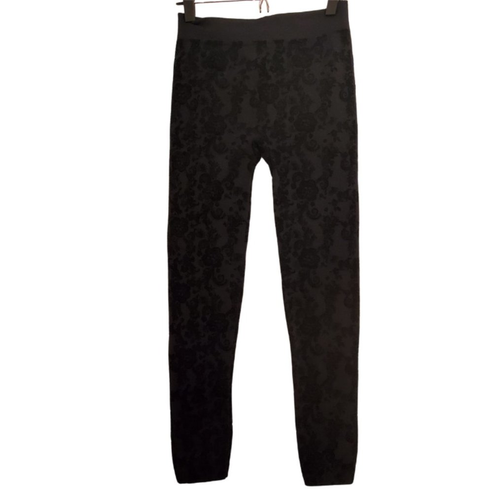 Yelete Black Damask Velvet Leggings Flocked Fleece Lined High Waist SZ OS NWOT